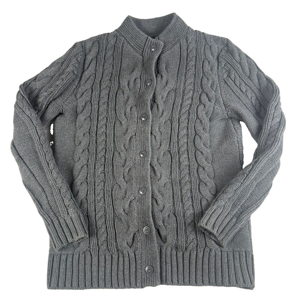 LL Bean Cardigan Womens M Gray Cable Knit 100% Cotton Button Sweater 518581